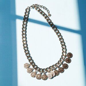 Heavy Silver Curb Chain Necklace with Coin Dangles – Chunky Statement Collar